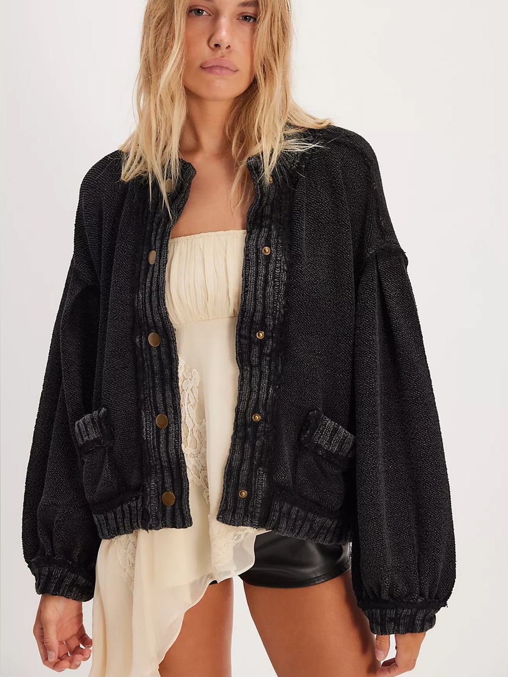 Free People Cute In This Cardi Black Button-Up Knit Cardigan